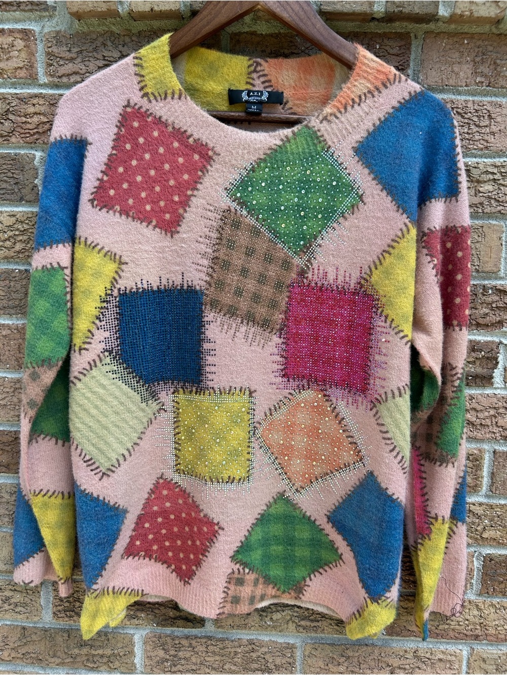 AZI New York Patchwork Pink Multi-Color Embellished Crewneck Sweater size M